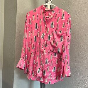Zara Pink Graphic Building Button Down Blouse